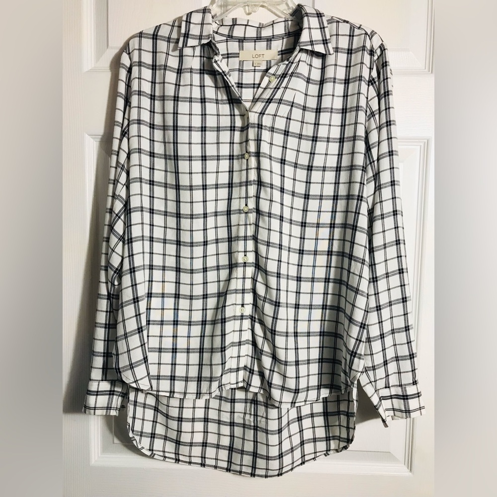Loft White Plaid Button-Down Shirt - Classic Shirt Top S